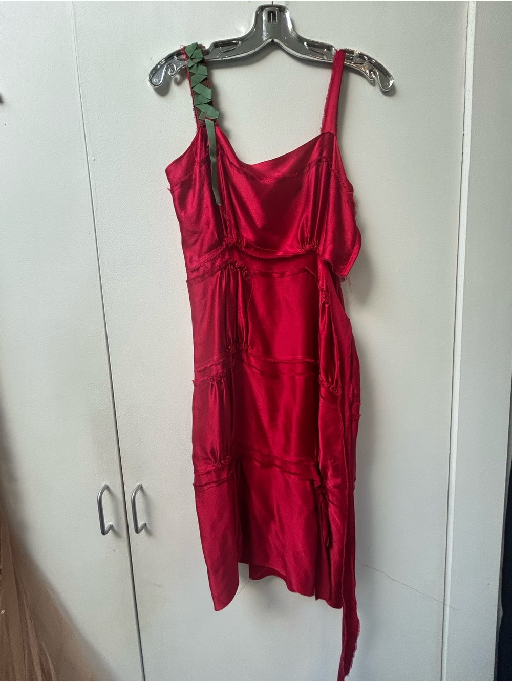 Alberta Ferretti Red Satin Midi Dress with Braided Shoulder Detail